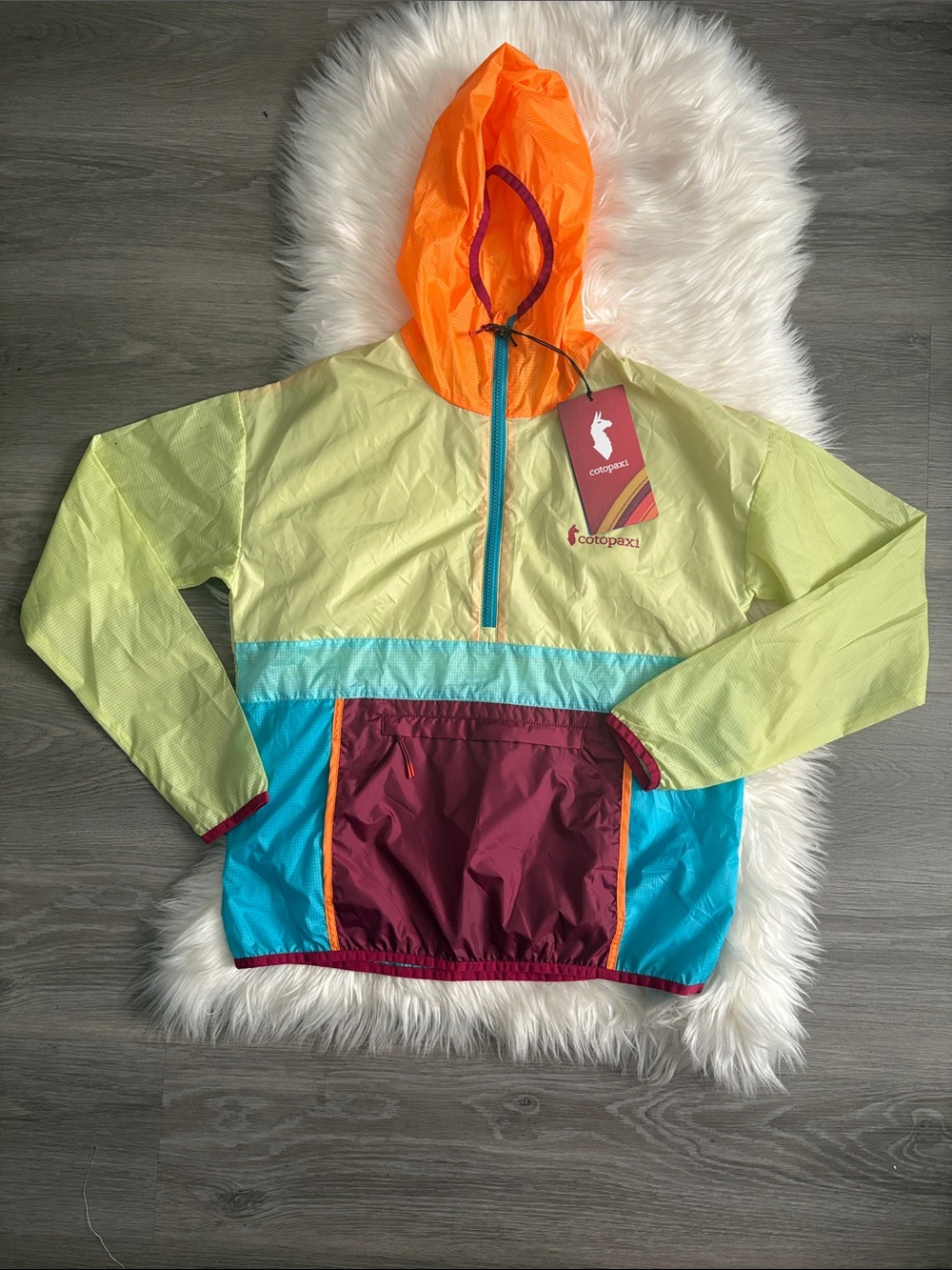 cotopaxi Lime, Orange, Teal & Maroon Colorblock Pullover Hoodie